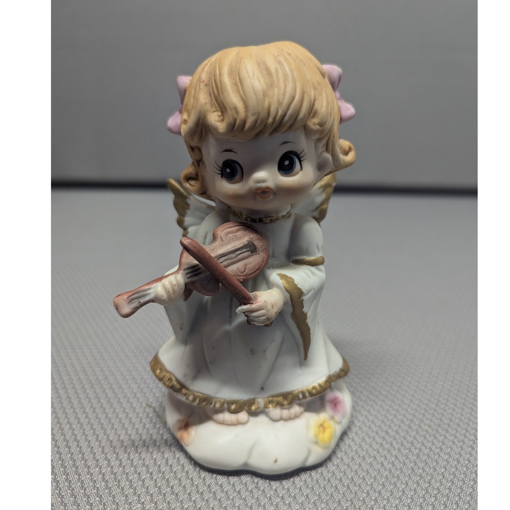 Vintage Enesco Angel Figurine Girl Playing Violin Porcelain Gold Trim 5 Inch